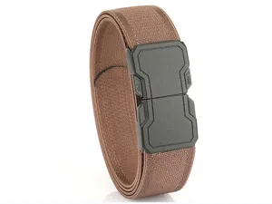 Detailed view of a durable brown elastic woven tactical belt featuring a black buckle system.