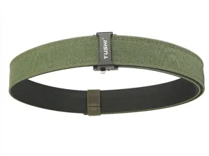 Detailed macro view of army green tactical nylon belt with automatic TUSHI buckle