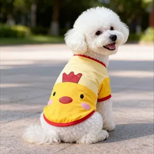 Cute cartoon chick pet t-shirt for small dogs, bright yellow and red summer puppy clothes.