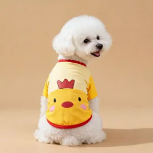 Cute cartoon chick print pet t-shirt for dogs, breathable summer pet clothes back view.