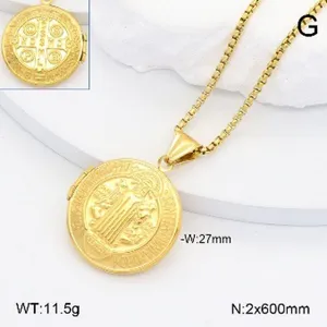 Collier Pendentif Médaillon Saint Benoît En Acier Inoxydable Plaque Or 18K Avec Chaîne