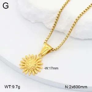 Collier pendentif soleil en acier inoxydable doré vue détaillée avec chaîne et dimensions