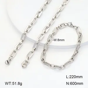 Bel ensemble de collier et bracelet en acier inoxydable à maillons géométriques ovales.