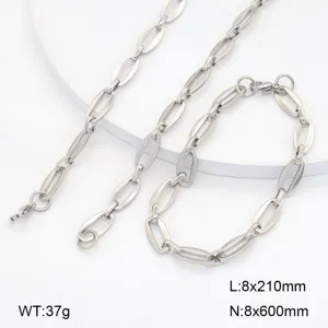 Vue détaillée de l'ensemble de collier et bracelet en acier inoxydable géométrique.