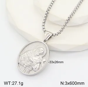 Pendentif collier en acier inoxydable portrait religieux rétro 3D, texture détaillée.