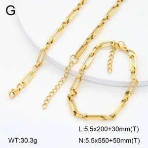 Set de collier et bracelet en chaîne trombone acier inoxydable doré et maillons géométriques.