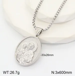 Collier pendentif ovale portrait 3D en acier inoxydable vintage avec gravure religieuse.