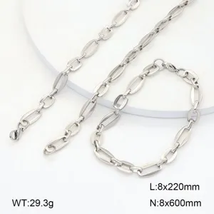 Détail de collier et bracelet en chaîne géométrique en acier inoxydable, maillons argentés.
