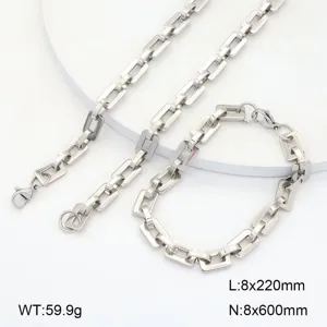 Vue détaillée du collier et du bracelet en maille géométrique en acier inoxydable avec dimensions.