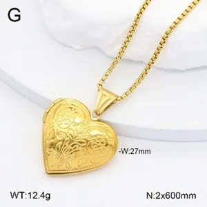 Collier médaillon cœur en acier inoxydable plaqué or avec gravure florale, bijou élégant.