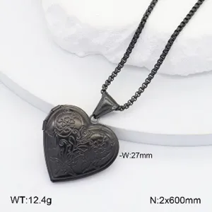Collier pendentif médaillon coeur en acier inoxydable noir gravure florale vintage pour femme.
