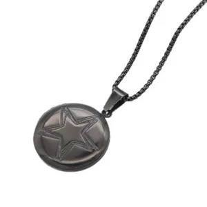Collier medaillon rond en acier inoxydable noir avec etoile pour bijoux de mode tendance.