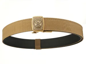Close-up detail of a durable IPSC tactical nylon shooting belt with golden eagle buckle