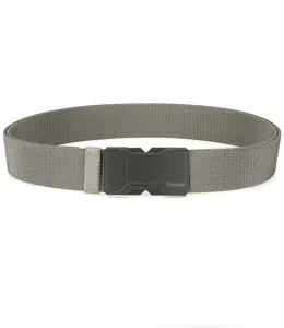 Detailed front view of grey woven tactical belt featuring a quick-release magnetic buckle