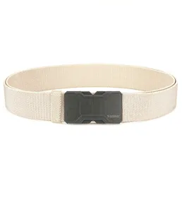 Detail of khaki men's tactical elastic belt with quick-release magnetic buckle.