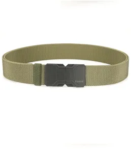 Detail view of the military green elastic tactical belt with a black magnetic buckle