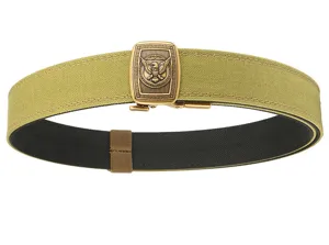Tactical nylon shooting belt with eagle crest golden buckle detail view