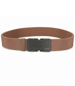 Detailed close-up of a men's brown woven elastic tactical belt with black magnetic buckle