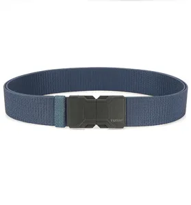Heavy duty men's blue elastic woven tactical belt featuring a quick release magnetic buckle
