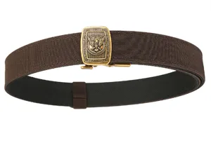 Detailed view of heavy duty brown tactical nylon belt with gold eagle buckle motif