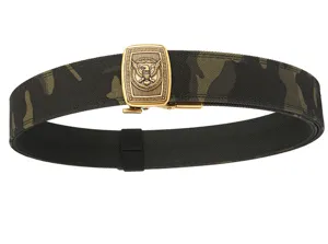 Detailed view of tactical camo belt featuring a gold eagle crest metal buckle.