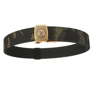 Camouflage nylon tactical shooting belt with golden eagle buckle for IPSC training.