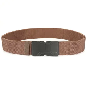Men's brown woven elastic tactical belt with quick release magnetic buckle on white background