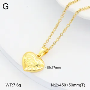 Gros plan d'un collier pendentif cœur en acier inoxydable doré avec spécifications.