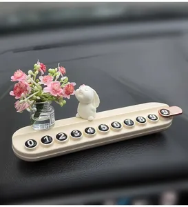 Linda tarjeta de estacionamiento temporal para auto con figura de conejo y florero decorativo