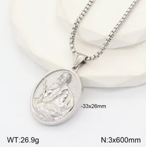 Collier pendentif portrait retro en acier inoxydable avec design d'art religieux en 3D.