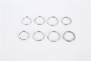 Stainless steel key rings detail view, durable split rings hardware accessory multiple sizes.