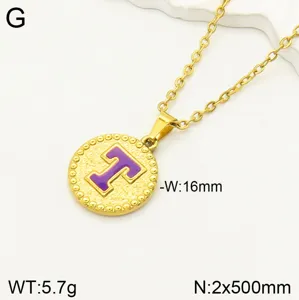 Gros plan de collier pendentif lettre en acier inoxydable avec finition émaillée violette et taille.