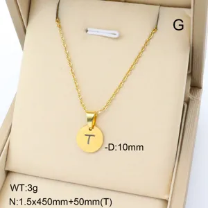 Collier pendentif lettre T en acier inoxydable doré avec diamètre de 10mm et chaîne ajustable.