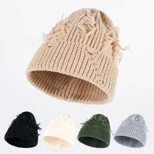 Unisex Winter Warme Gebreide Muts Mode Distressed Gescheurd Casual Beanie Hoed Acryl Streetwear Slouchy Cap