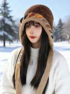 Bonnet cache-oreilles en peluche tricoté de style japonais confortable avec pompons d'hiver.