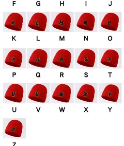 Red knit beanie winter warm cap with letter patches, stylish casual fleece hat for men and women.