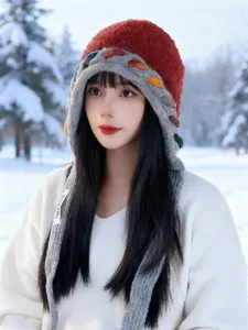 Bonnet bonneterie tricoté coloré à pompon frange femme hiver chaud peluche nouveau