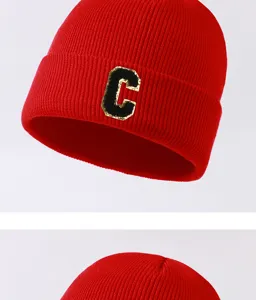 Red knit beanie for men and women, featuring a trendy letter C patch for winter warmth.