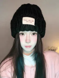Koreaanse stijl herfst winter dik gebreide muts beanie hoed voor vrouwen warme zwarte pet