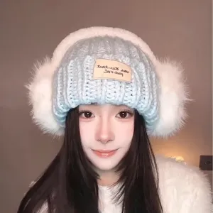Dames Winter Warme Gebreide Muts Verdikte Oorkwarmer Beanie Casual Katoen Effen Kleur Kunstbont Oorklep Cap