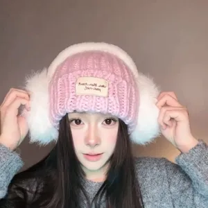 Koreaanse stijl herfst winter pluche oorklep gebreide muts dikke warme muts vrouwen