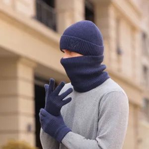 Σετ σκούφος πλεκτός λαιμός και γάντια χειμερινά ζεστά μπλε μονόχρωμο στυλ και προστασία