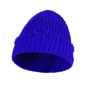 Damen Winter Dunkelblau Gerippte Strickmütze Beanie Distressed Slouchy Warme Casual Mütze