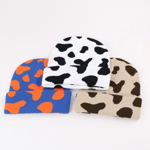 Ensemble bonnet tricoté décontracté unisexe avec motif vache tendance, bonnet d'hiver chaud.