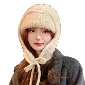 Bonnet trappeur en peluche unie pour femme hiver chaud épais molleton cache-oreilles duveteux