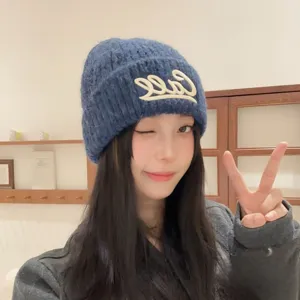Korean style thick knit beanie hat for women men winter warm casual embroidered cute wool cap