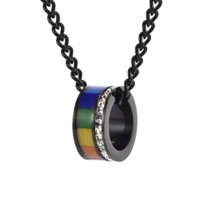 Detailed macro view of rainbow ring pendant necklace with black chain and crystal stones