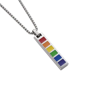 Detail shot of rainbow enamel vertical bar pendant on a titanium steel box chain