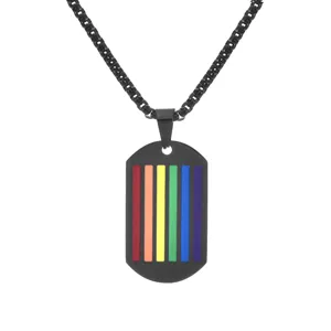 Collar de Placa de Identificación con Rayas del Arco Iris de Acero de Titanio para Hombre Mujer Streetwear Colgante Pride Pulido