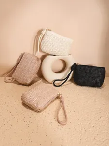 Summer woven straw clutch small coin purse portable wristlet zipper wallet card organizer bag